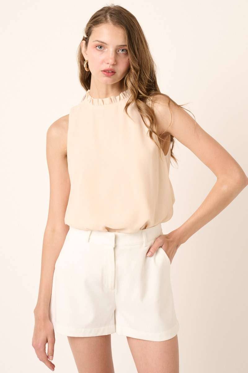 mittoshop - SOLID RUFFLE MOCK NECK SLEEVELESS BLOUSE