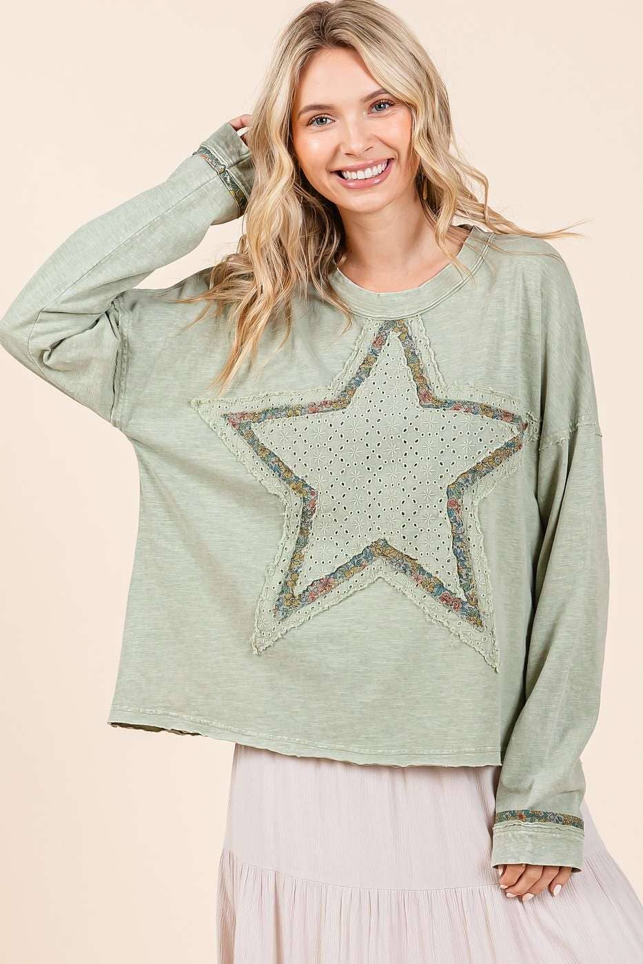 mittoshop - MINERAL WASH STAR PATCH LONG SLEEVE TOP