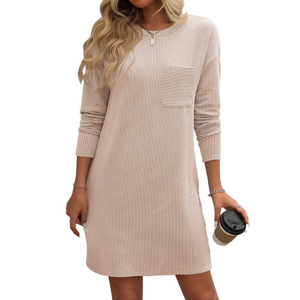 Lovesoft - Casual Contrast Twist Strip Long Sleeve Pocket Dress
