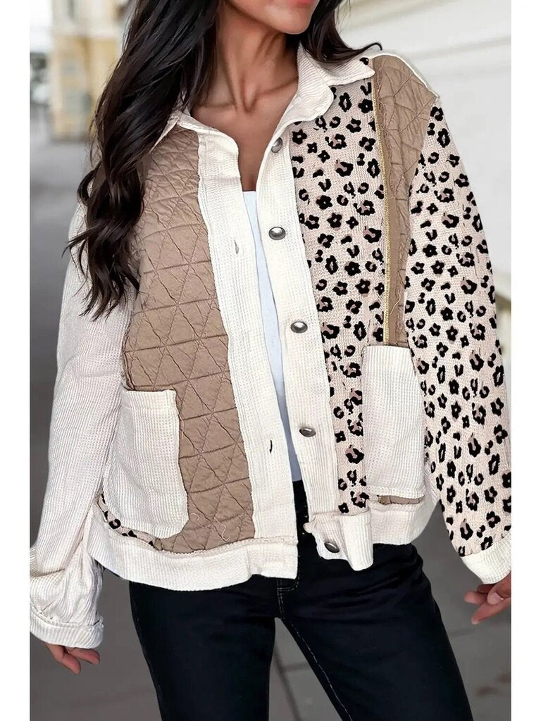 Leopard waffle quilted patchwork jacket