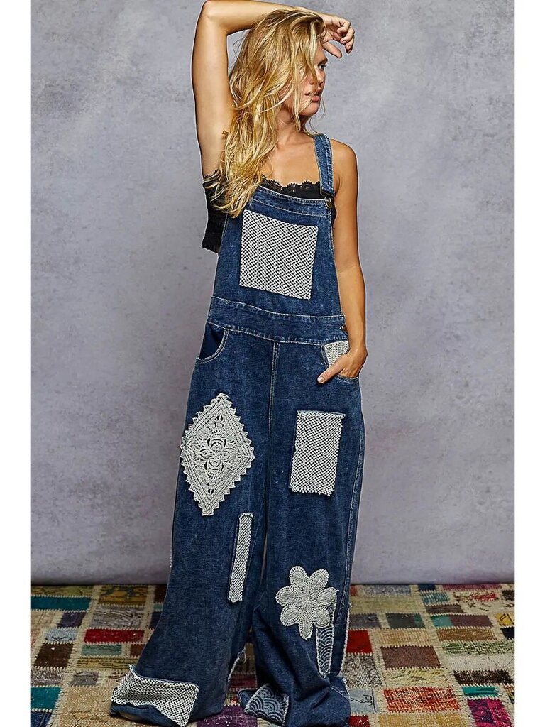 POL Crochet Contrast Patch Detail Chest Pocket Woven Overalls