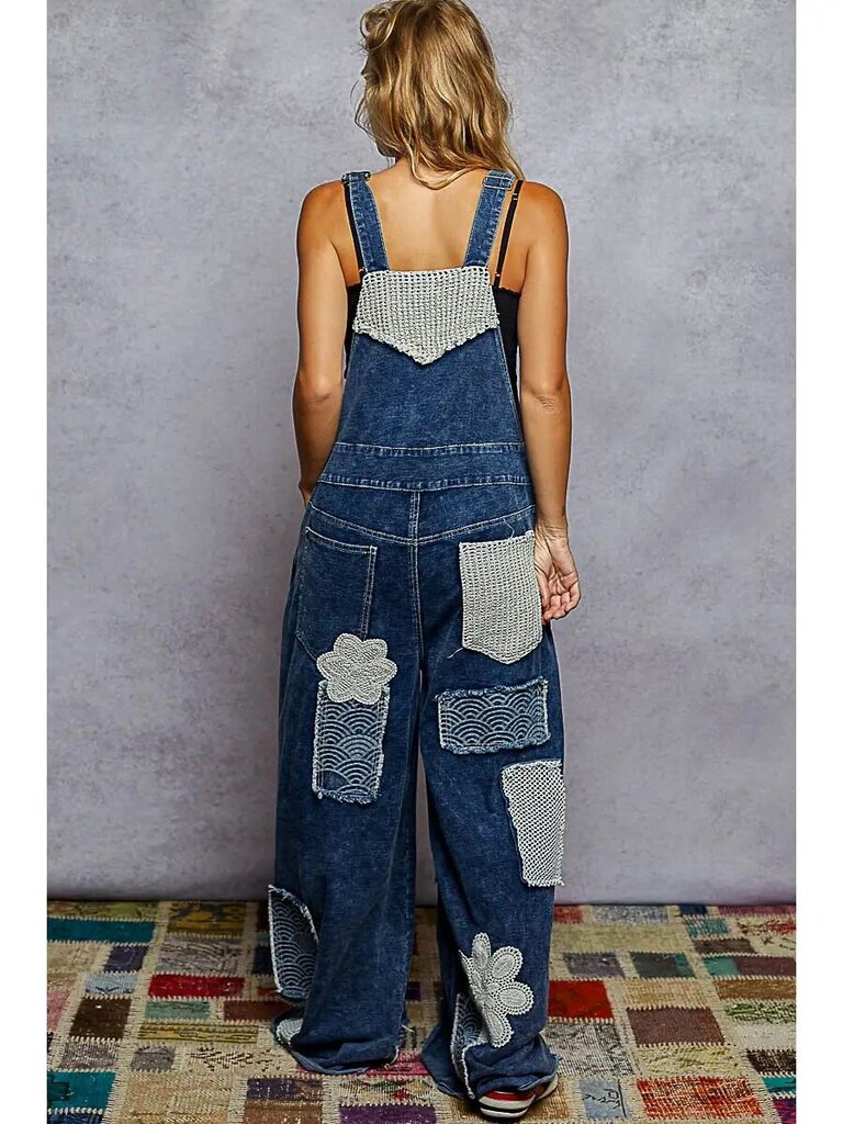 POL Crochet Contrast Patch Detail Chest Pocket Woven Overalls
