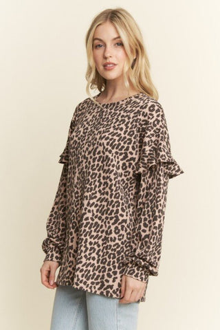 Heimish Taupe Long Ruffle Sleeve Animal Print Top – Size S | New with Tags