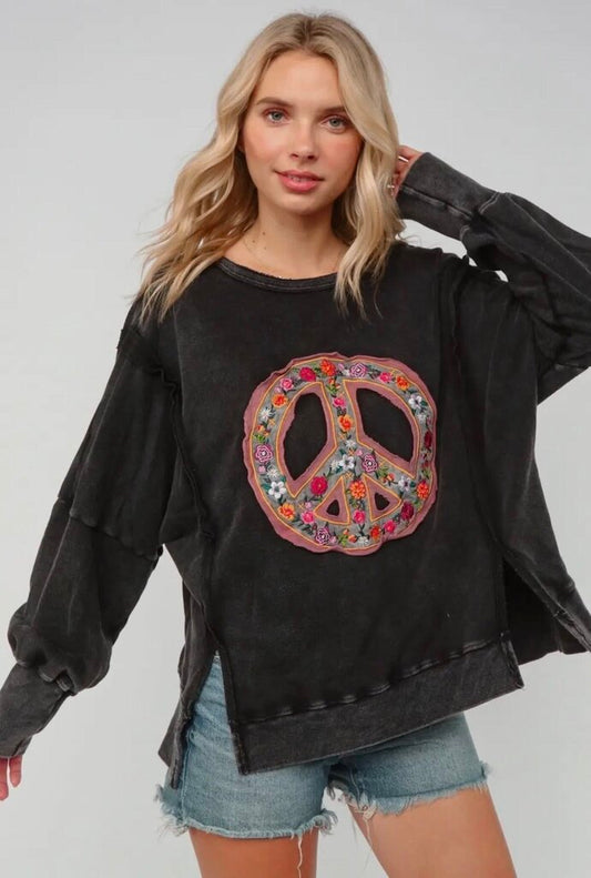 Embroidered peace washed pullover