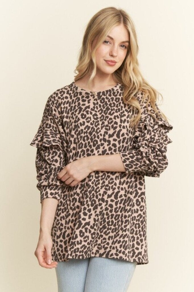 Long Ruffle Sleeve Animal Top