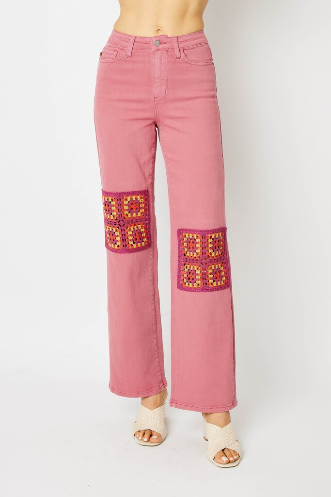 Judy Blue High waisted pink crochet patch wide leg