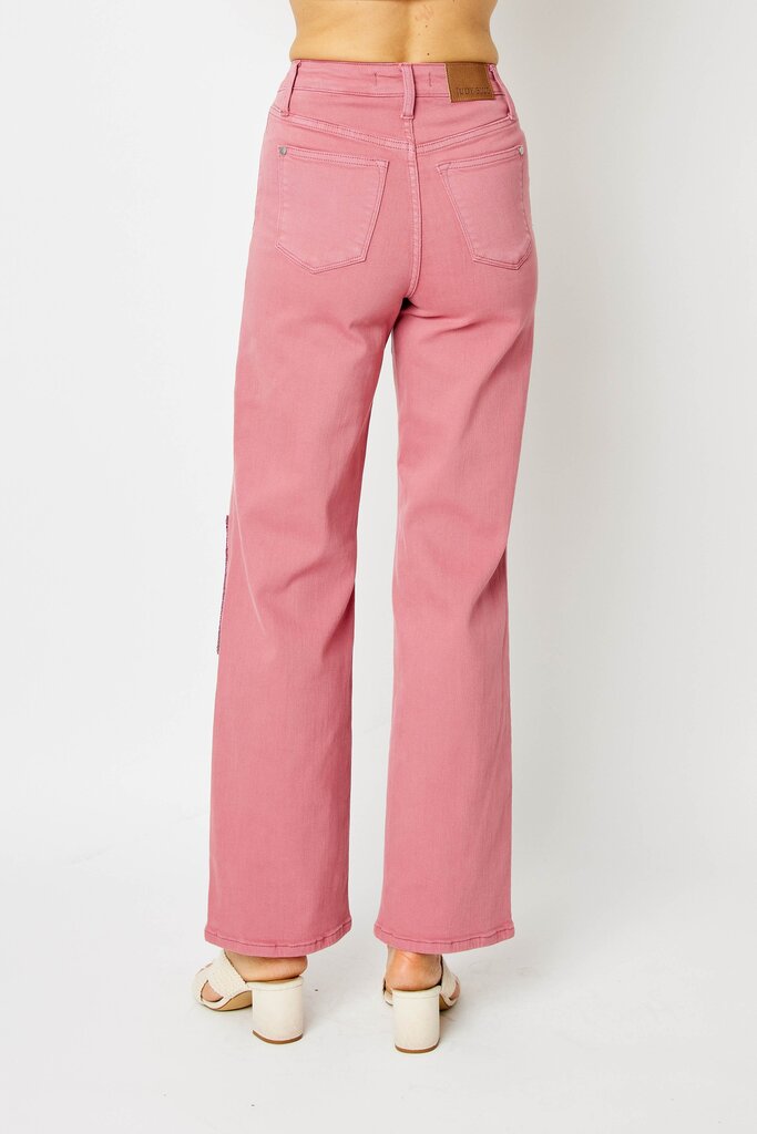Judy Blue High waisted pink crochet patch wide leg