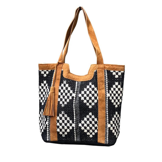 Leather trimmed diamond tote
