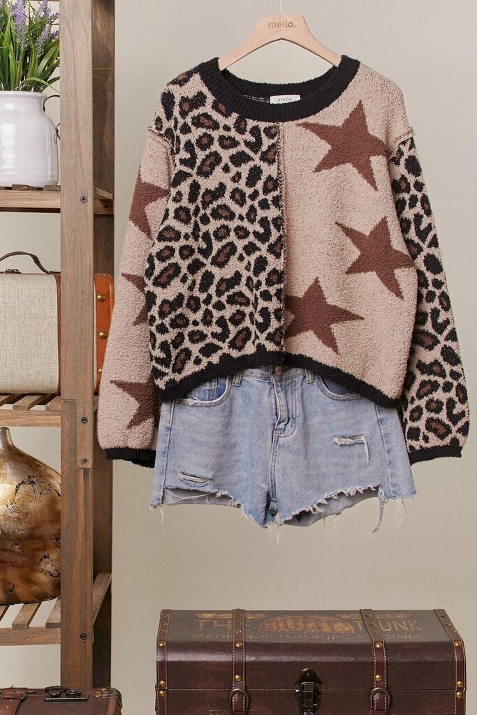 Mello Leopard star pattern round neck sweater
