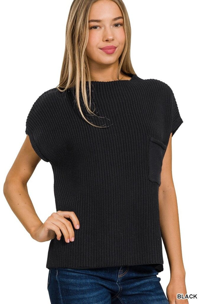 Zenana Mock neck short sleeve sweater with pocket