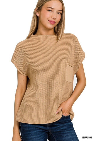 Zenana Mock neck short sleeve sweater with pocket