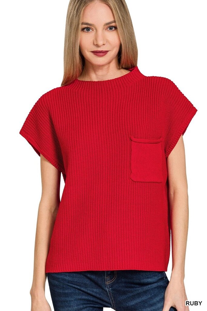 Zenana Mock neck short sleeve sweater with pocket