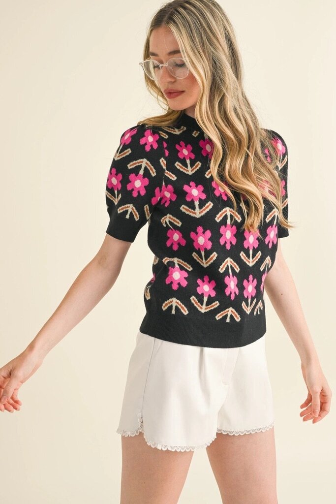 Short sleeve floral knit sweater