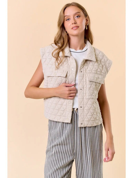 Quilted Point Collar Flap Patched Pocket Vest
