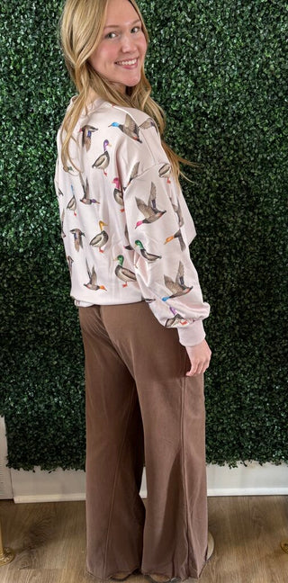 Blakeley blush pink flying duck print pullover sweatshirt - The White Willow Boutique, Huntington WV