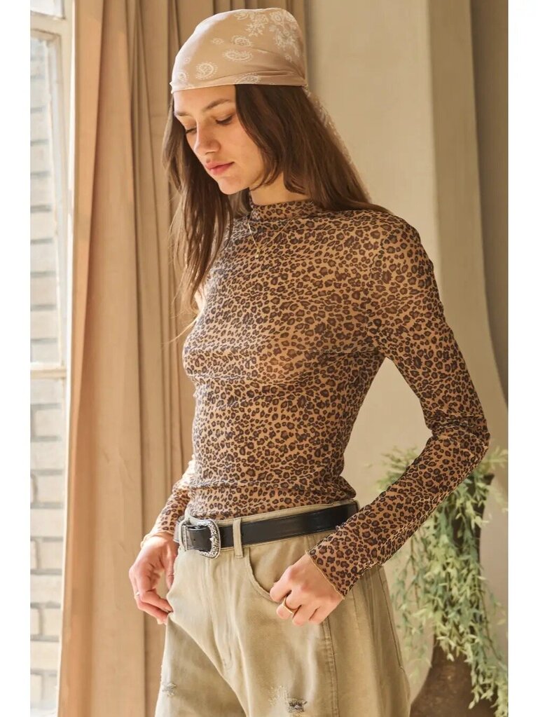 Animal print mesh long sleeve top w/ mock neck