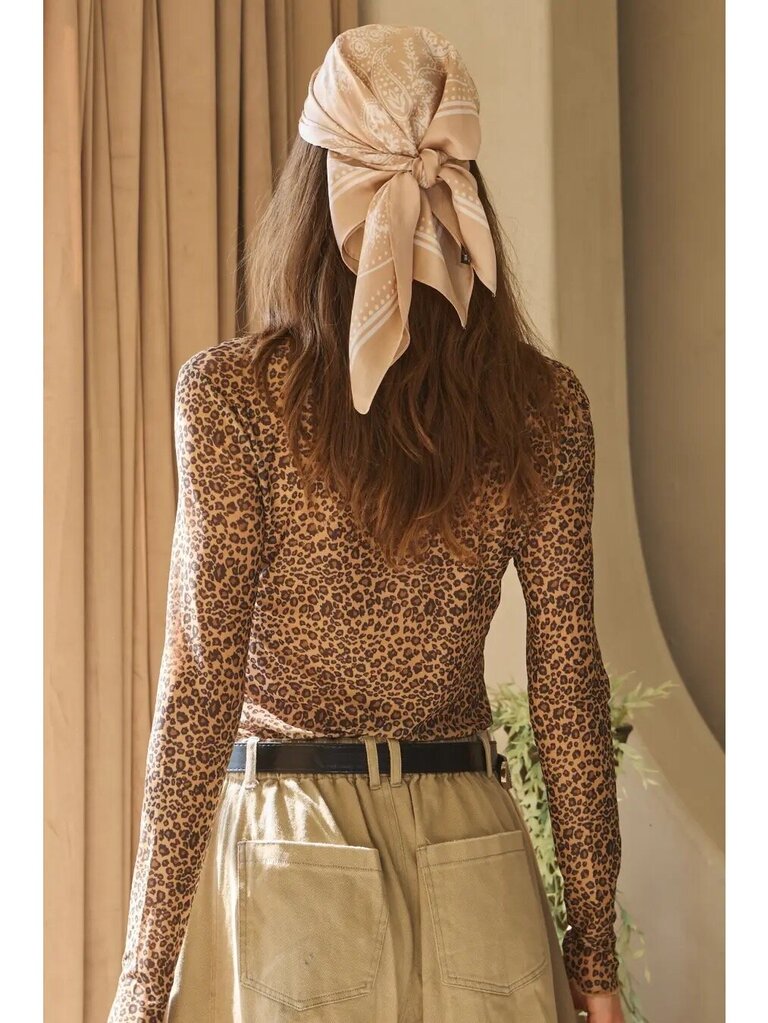 Animal print mesh long sleeve top w/ mock neck