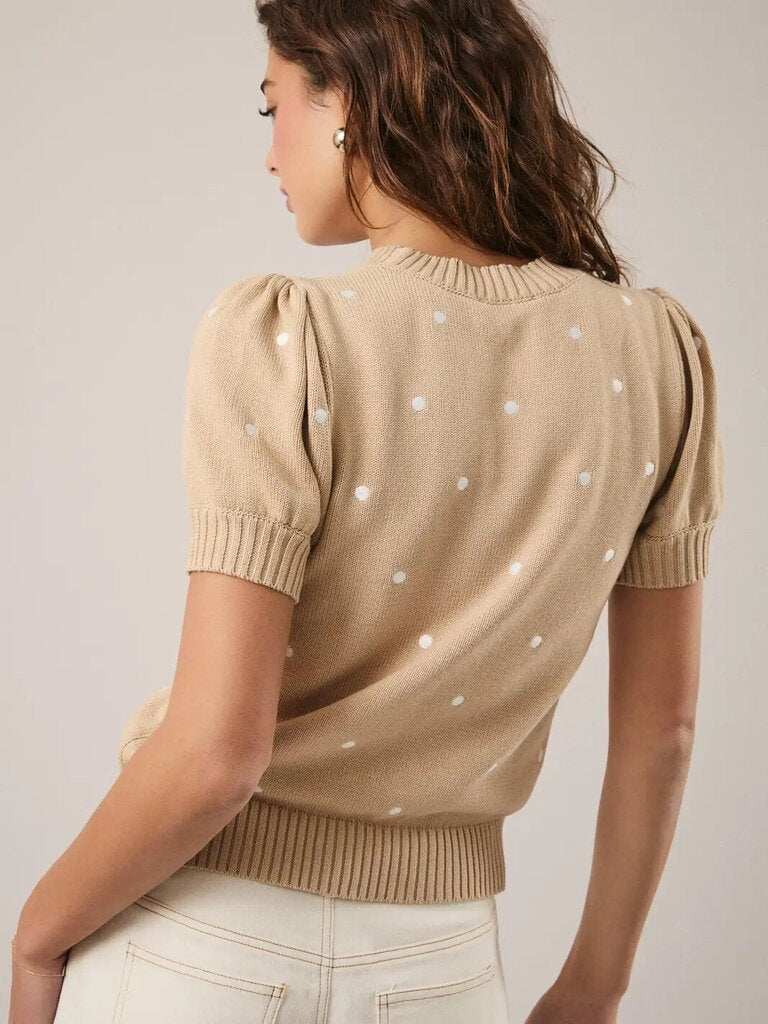 Round neck "puff" short sleeve polka dot sweater