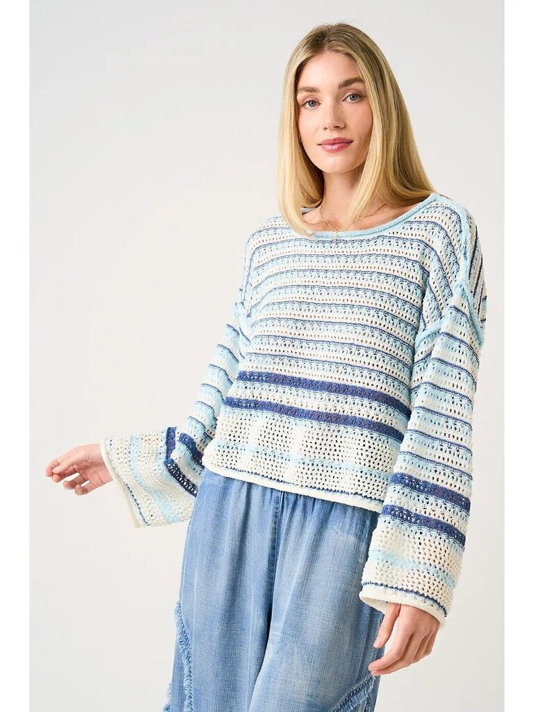 Striped Crochet Knit Boxy Long Sleeve Sweater