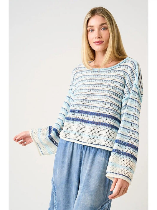 Striped Crochet Knit Boxy Long Sleeve Sweater