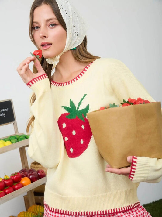 Strawberry Motif Contrast Stitch Knit Pullover