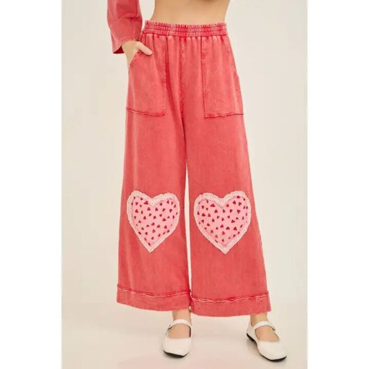 Mineral washed heart patch Valentine cropped pants