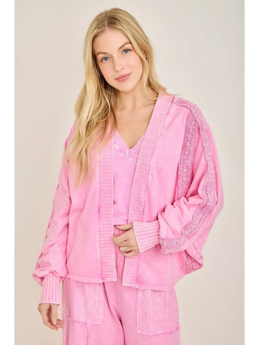 Mineral wash lace batwing top