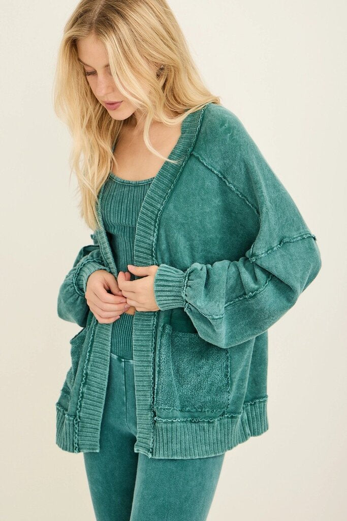 Mineral washed ribbed open cardigan