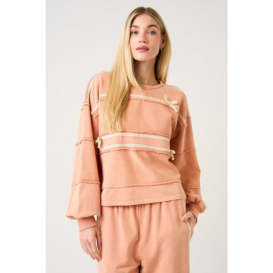 Lace bow mineral wash long sleeve sweatshirt