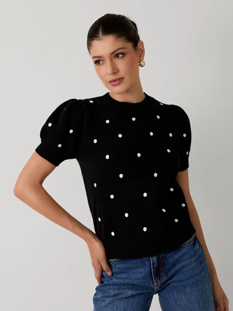 Round neck "puff" short sleeve polka dot sweater
