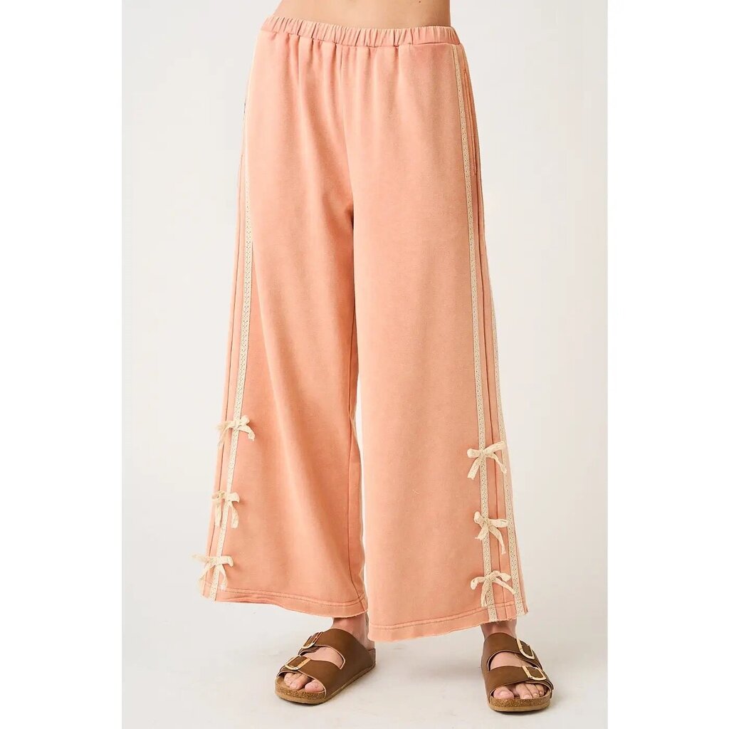 Lace bow side stripe elastic waist pants