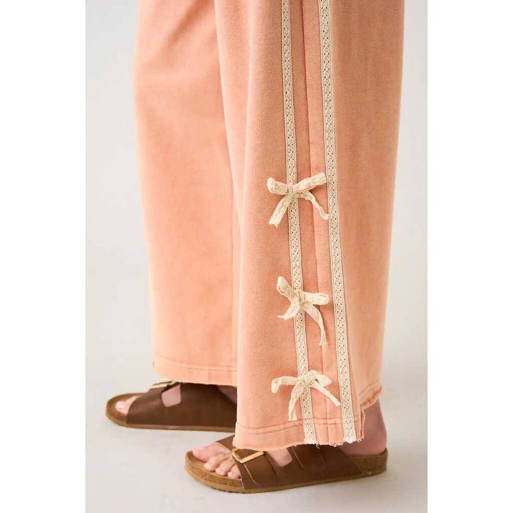 Lace bow side stripe elastic waist pants