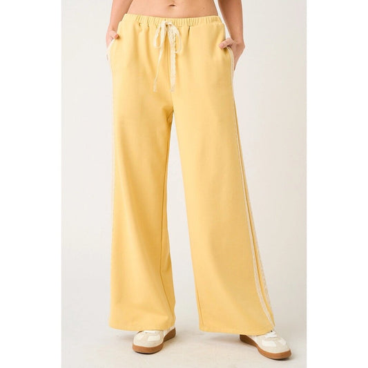 Lace Striped Elastic Waist Terry Pants