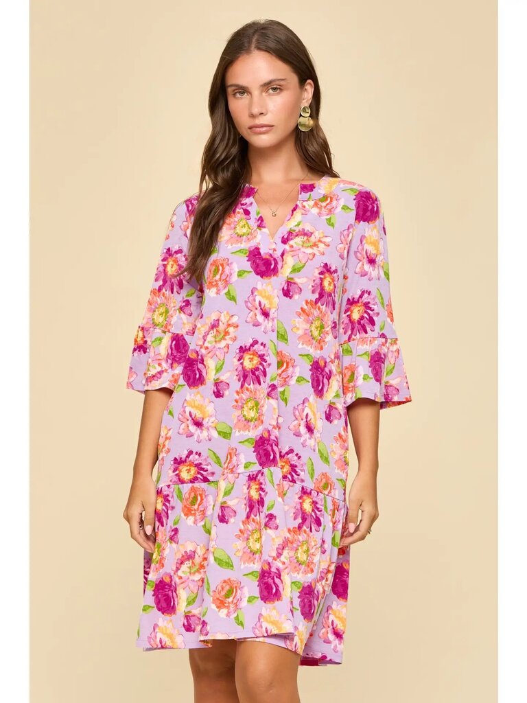 Floral Print Shirred Tiered 3/4 Sleeve Dress