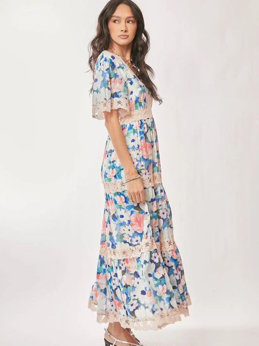 Water painting floral zippered maxi dress