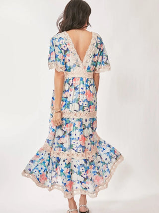 Water painting floral zippered maxi dress