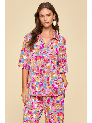 2-Piece Blouse + Relaxed Pants Resort Wear Set