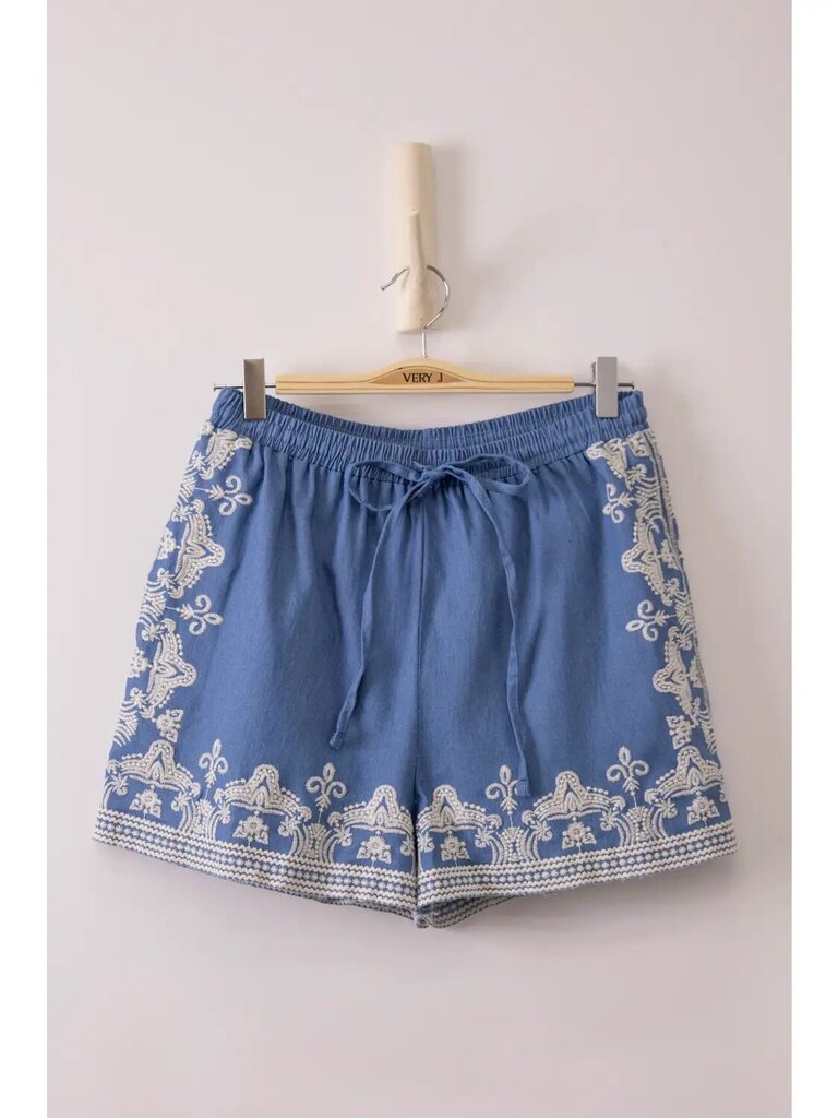 Washed Chambray Embroidered Shorts