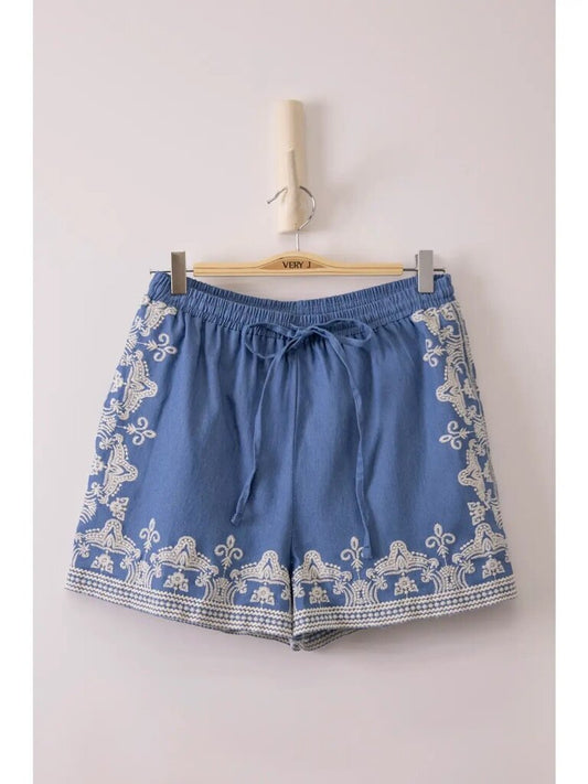 Washed Chambray Embroidered Shorts