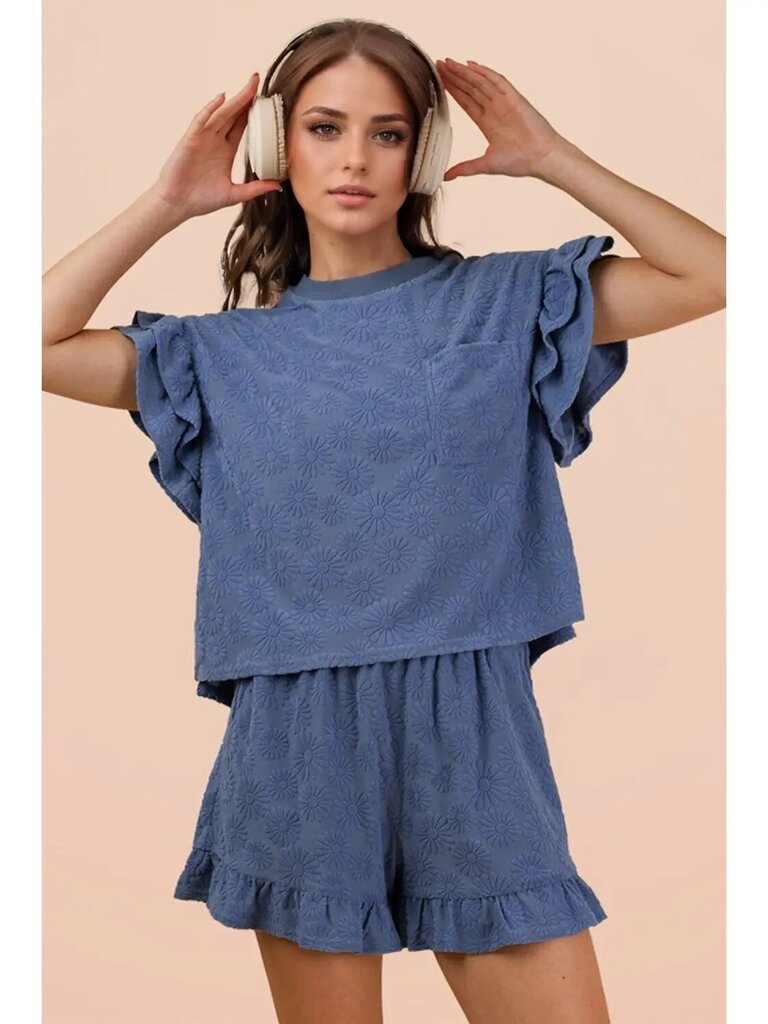 Floral textured ruffle knit top and shorts SET