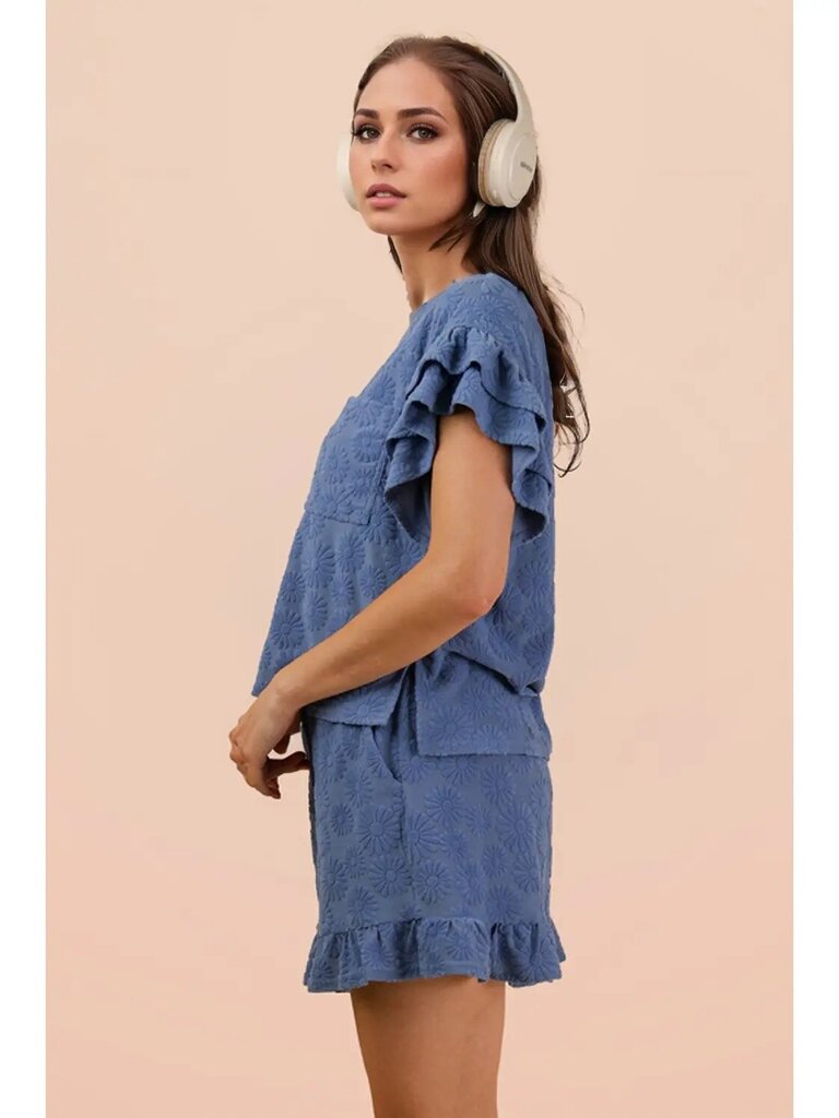 Floral textured ruffle knit top and shorts SET