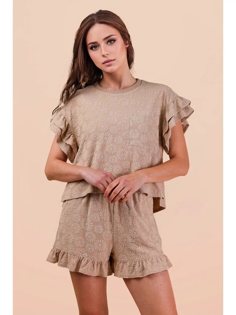 Floral textured ruffle knit top and shorts SET