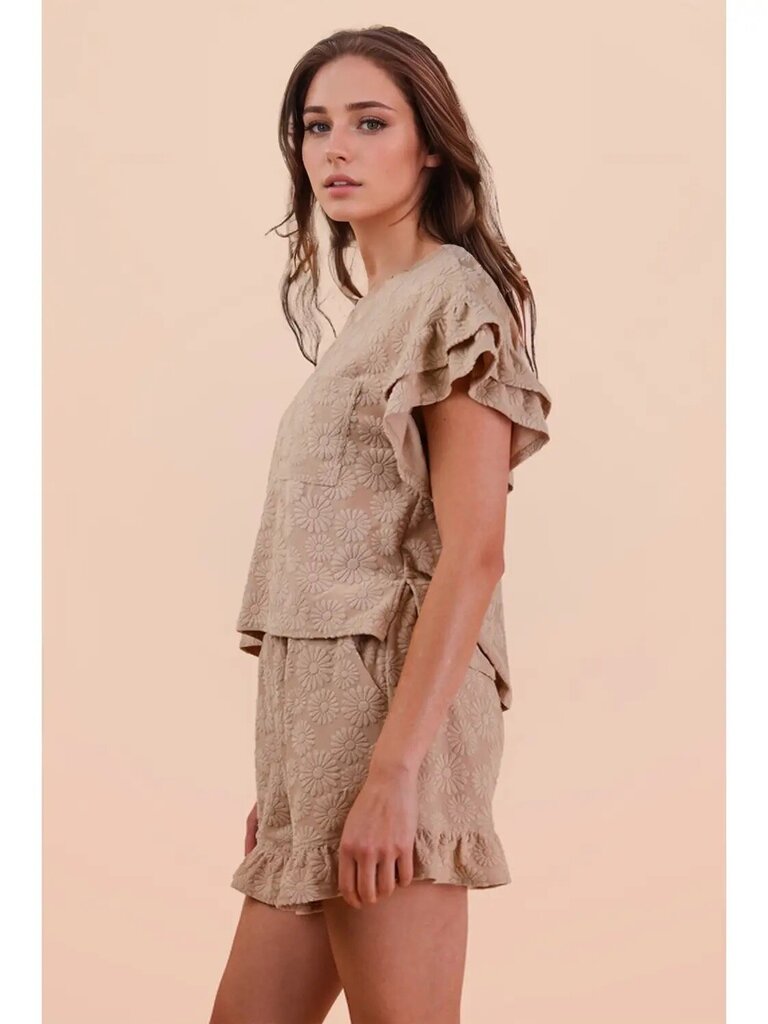 Floral textured ruffle knit top and shorts SET