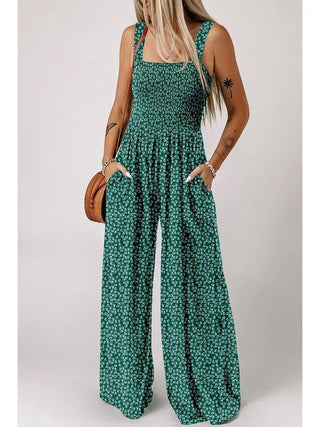 Floral print smocked high waist jumpsuit