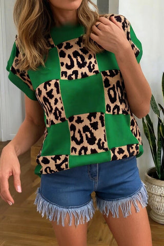 Leopard checkerboard short sleeve sweater