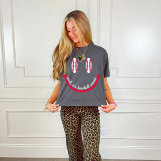 "Smile, it's baseball season" crop tee