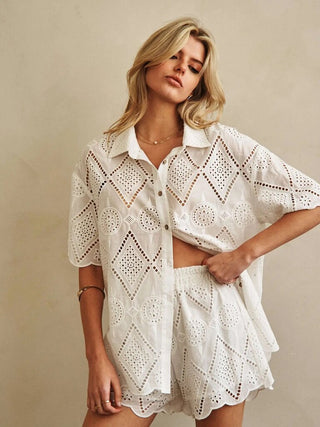 Short Sleeve Collared Button Down Lace Shirt