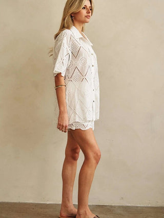 Short Sleeve Collared Button Down Lace Shirt