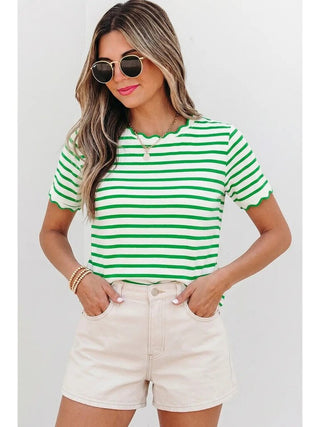 Stripe Scalloped Trim Round Neck T Shirt