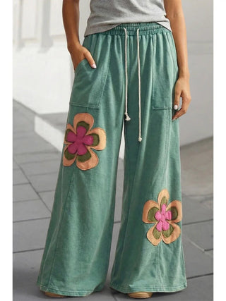 Floral Patch Drawstring Contrast Wide Leg Pants